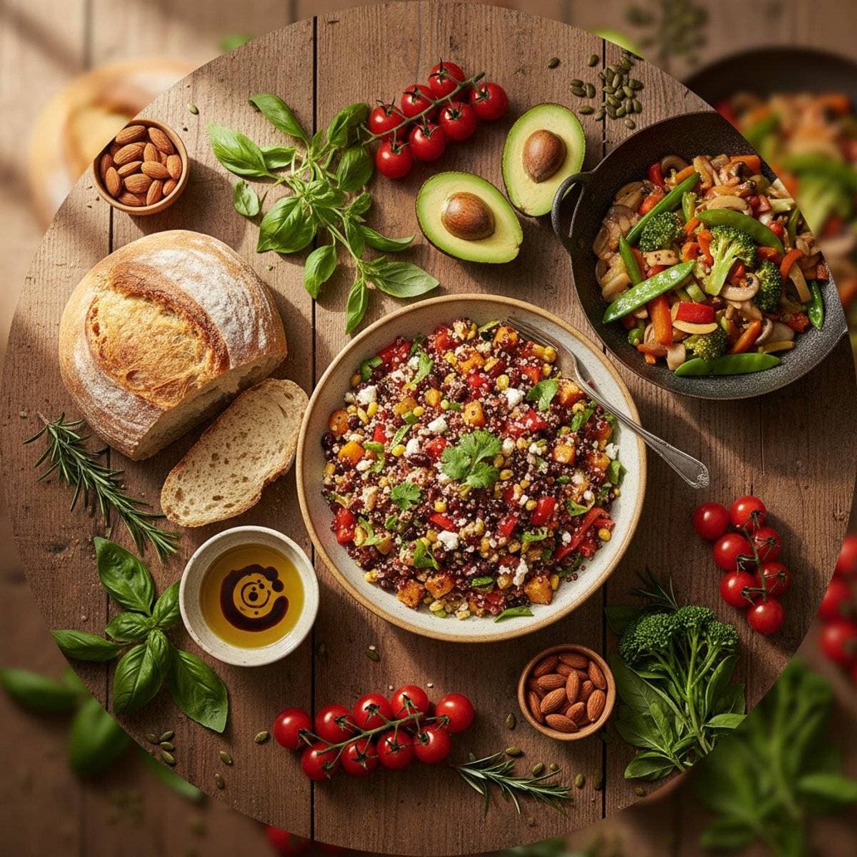 Flat-lay of gluten-free dishes and fresh ingredients on a wooden table